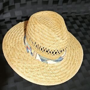 Stylish Fabric Lined Tan Straw Hat with Surf Board & Palm Tree Pattern